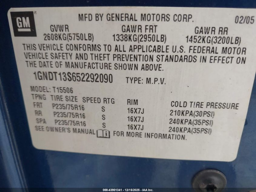 2005 Chevrolet Trailblazer Ls VIN: 1GNDT13S652292090 Lot: 43901341