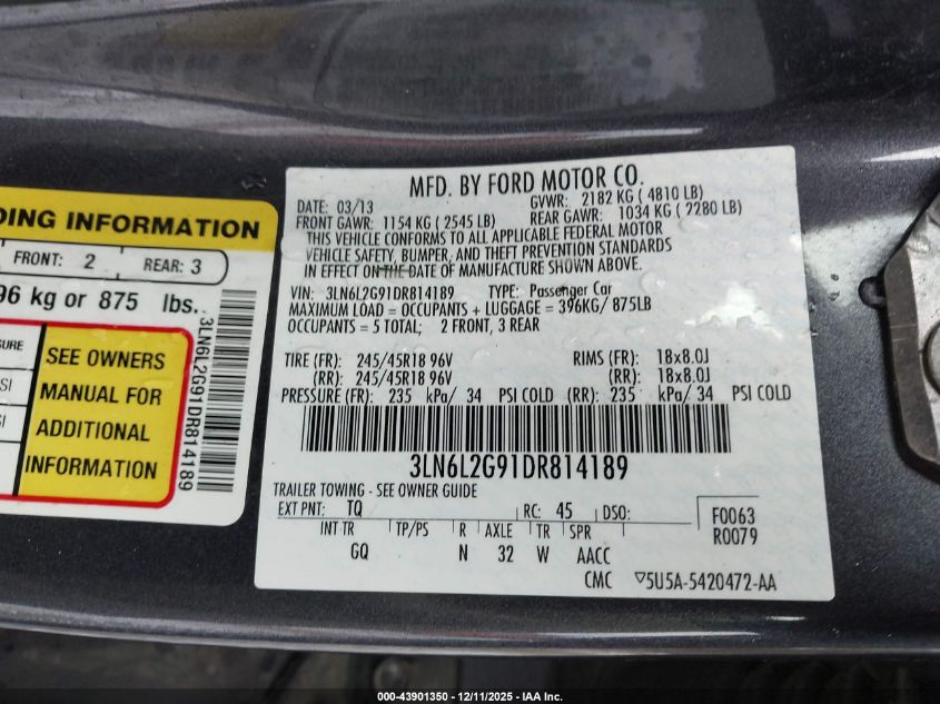 2013 Lincoln Mkz VIN: 3LN6L2G91DR814189 Lot: 43901350