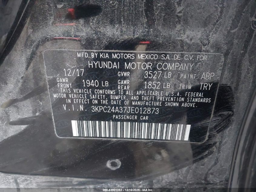 2018 Hyundai Accent Se VIN: 3KPC24A37JE012873 Lot: 43901353