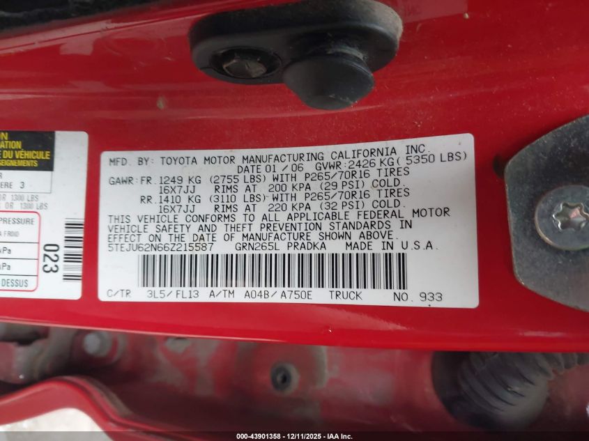 2006 Toyota Tacoma Prerunner V6 VIN: 5TEJU62N66Z215587 Lot: 43901358
