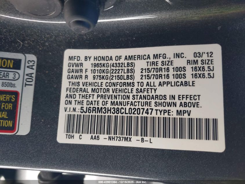 2012 Honda Cr-V Lx VIN: 5J6RM3H38CL020747 Lot: 43901364