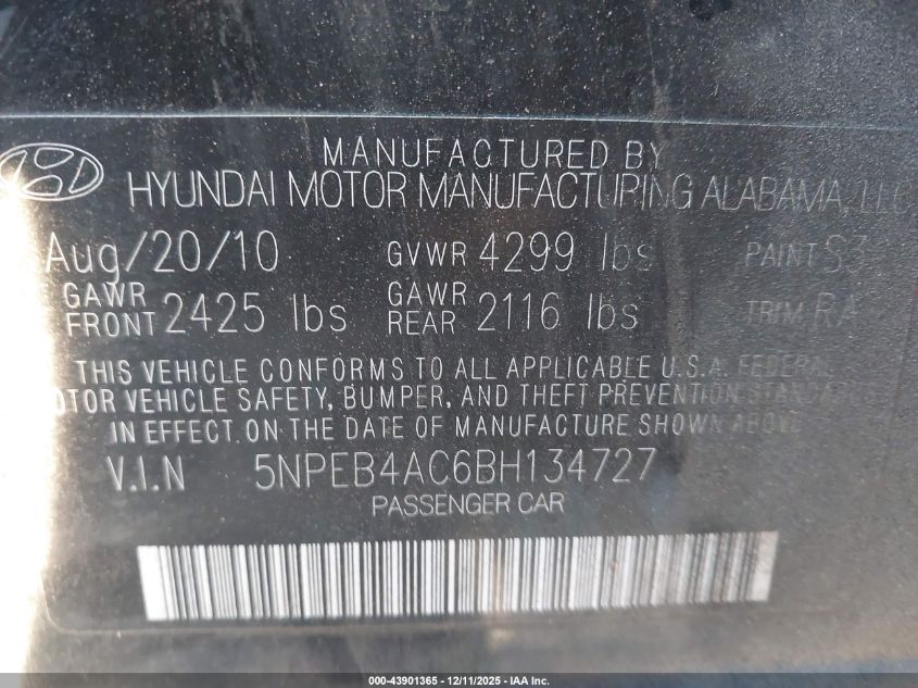 2011 Hyundai Sonata Gls VIN: 5NPEB4AC6BH134727 Lot: 43901365