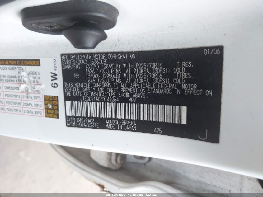 2006 Toyota Highlander VIN: JTEDD21A060142264 Lot: 43901376