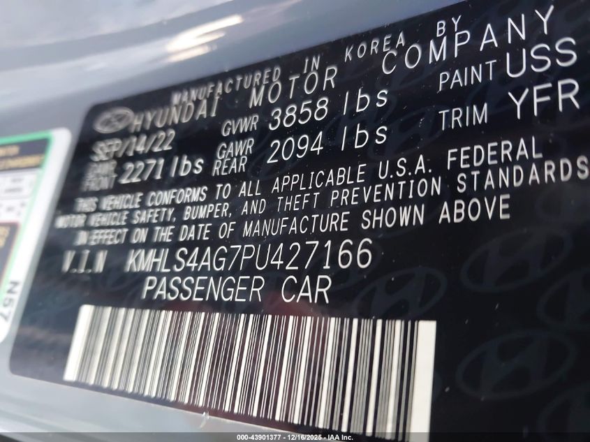 2023 Hyundai Elantra Sel VIN: KMHLS4AG7PU427166 Lot: 43901377