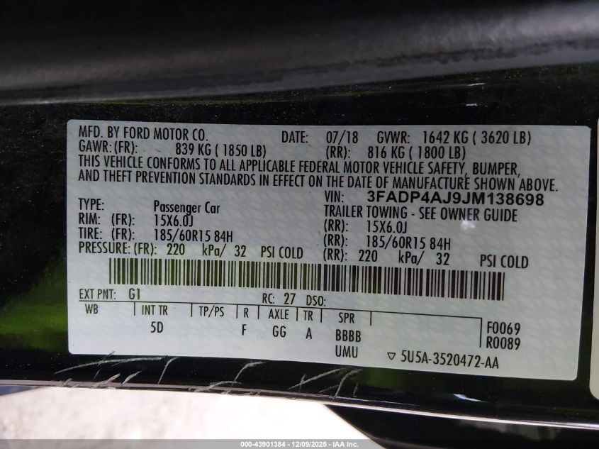 2018 Ford Fiesta S VIN: 3FADP4AJ9JM138698 Lot: 43901384