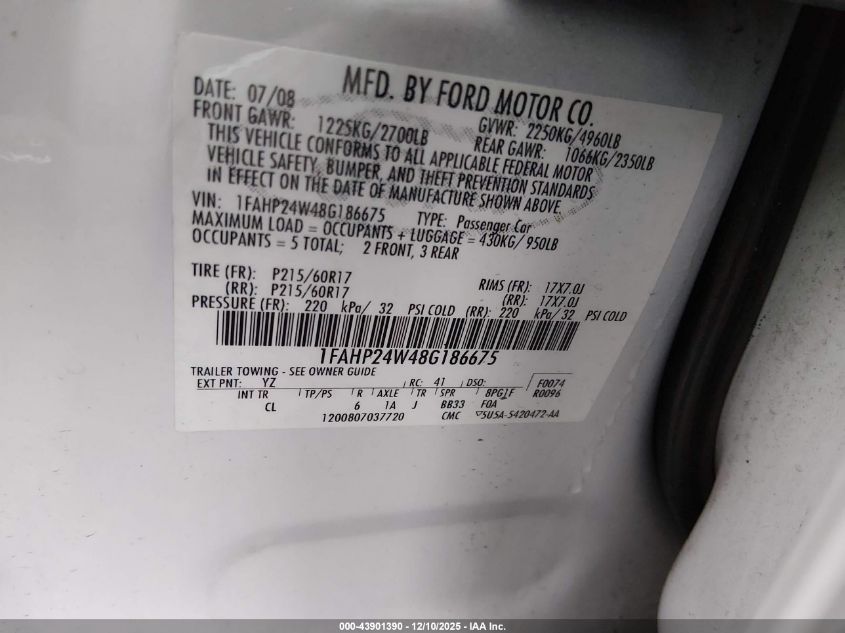 2008 Ford Taurus Sel VIN: 1FAHP24W48G186675 Lot: 43901390