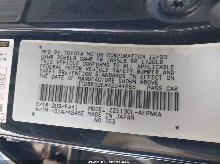 2004 Toyota Corolla Le VIN: JTDBR32EX42044865 Lot: 43901401