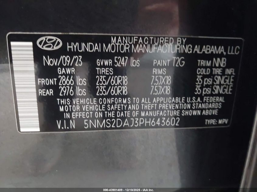 2023 Hyundai Santa Fe Sel VIN: 5NMS2DAJ3PH643602 Lot: 43901409