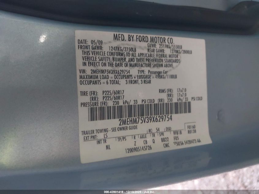 2009 Mercury Grand Marquis Ls (Fleet Only) VIN: 2MEHM75V39X629754 Lot: 43901416