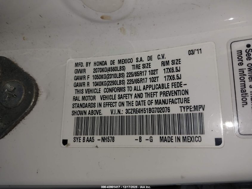 2011 Honda Cr-V Ex VIN: 3CZRE4H51BG702076 Lot: 43901417