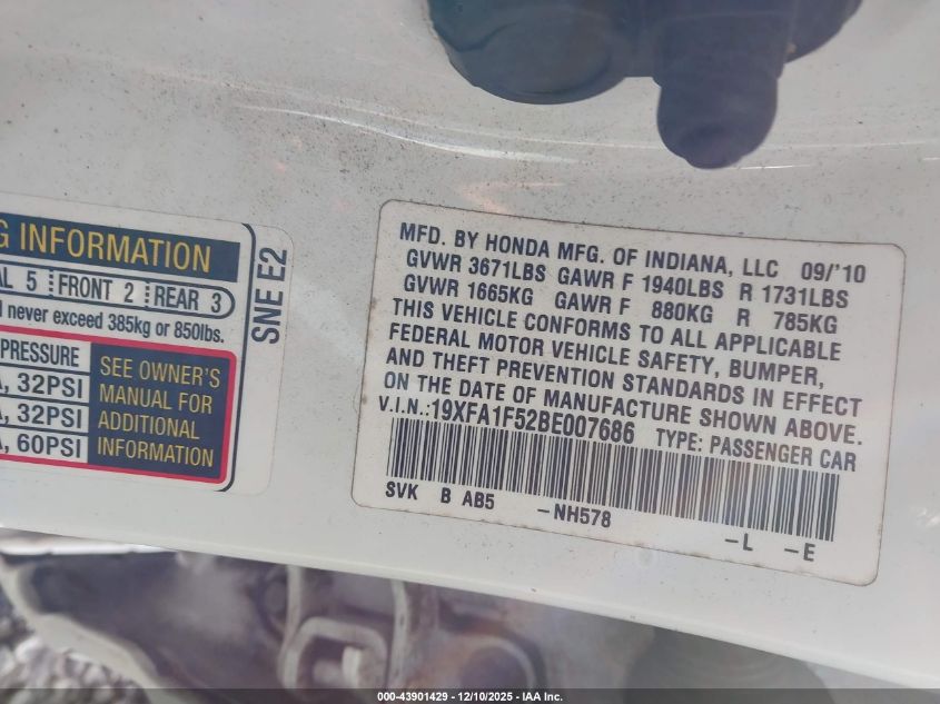 2011 Honda Civic Lx VIN: 19XFA1F52BE007686 Lot: 43901429