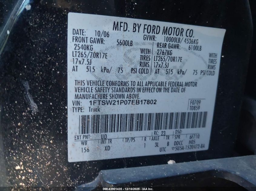 2007 Ford F-250 Lariat/Xl/Xlt VIN: 1FTSW21P07EB17802 Lot: 43901435