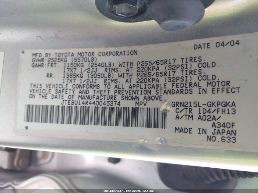 2004 Toyota 4Runner Sr5 Sport V6 VIN: JTEBU14R440045374 Lot: 43901447