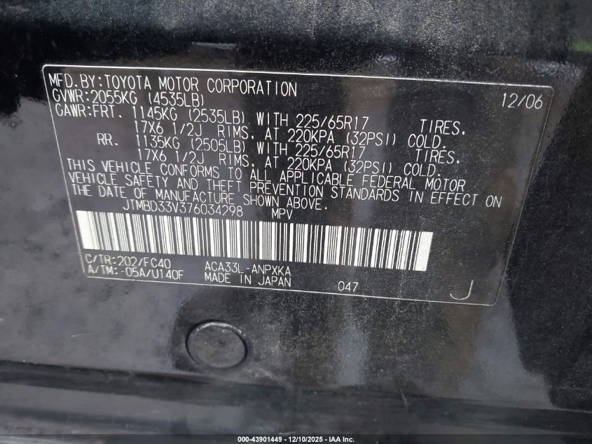 2007 Toyota Rav4 VIN: JTMBD33V376034298 Lot: 43901449