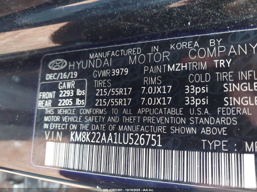2020 Hyundai Kona Sel VIN: KM8K22AA1LU526751 Lot: 43901451