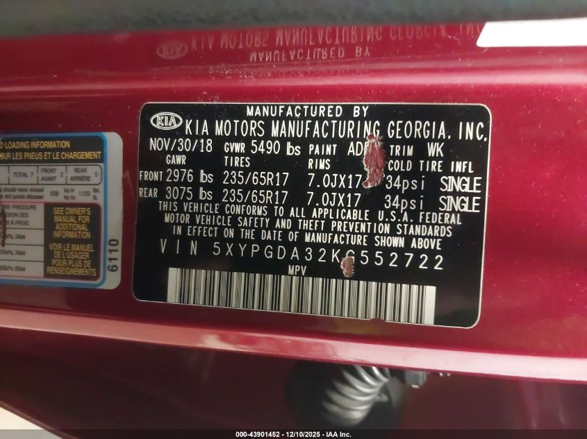 2019 Kia Sorento 2.4L Lx VIN: 5XYPGDA32KG552722 Lot: 43901452