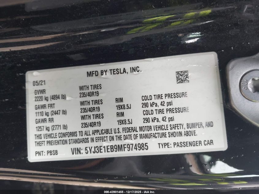 2021 Tesla Model 3 Long Range Dual Motor All-Wheel Drive VIN: 5YJ3E1EB9MF974985 Lot: 43901455