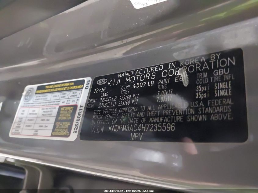 2017 Kia Sportage Lx VIN: KNDPM3AC4H7235596 Lot: 43901472