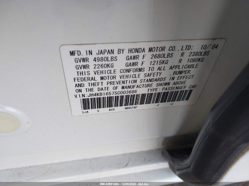 2005 Acura Rl 3.5 VIN: JH4KB16575C003686 Lot: 43901484