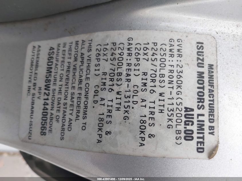 2001 Honda Passport Ex/Lx VIN: 4S6DM58W214400568 Lot: 43901495