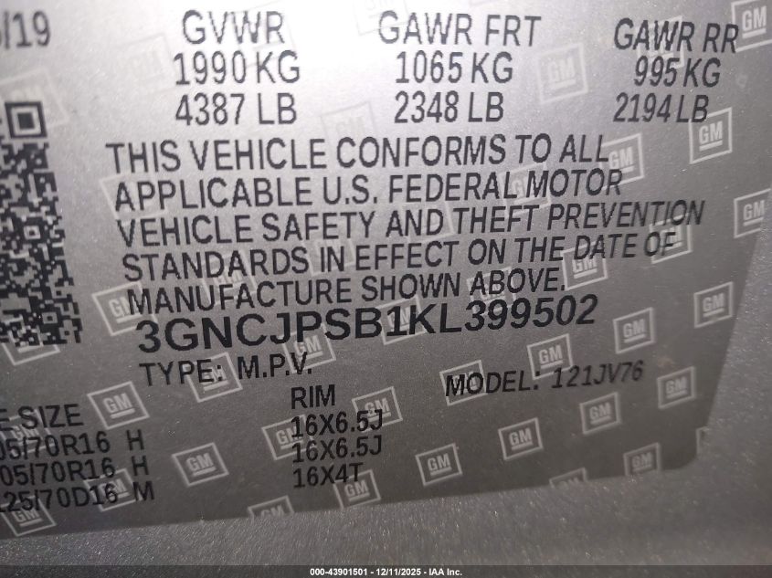 2019 Chevrolet Trax Lt VIN: 3GNCJPSB1KL399502 Lot: 43901501