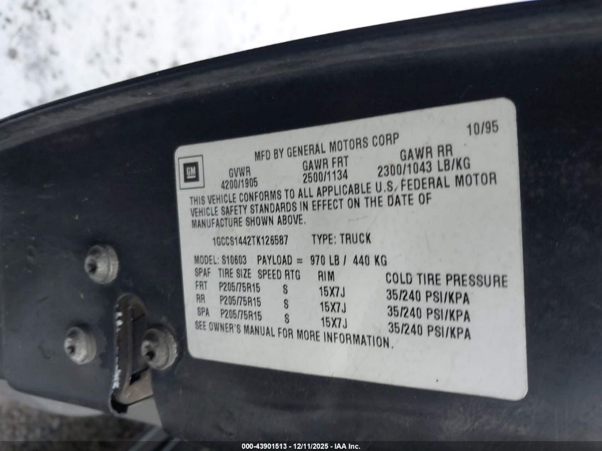 1996 Chevrolet S Truck S10 VIN: 1GCCS1442TK126587 Lot: 43901513