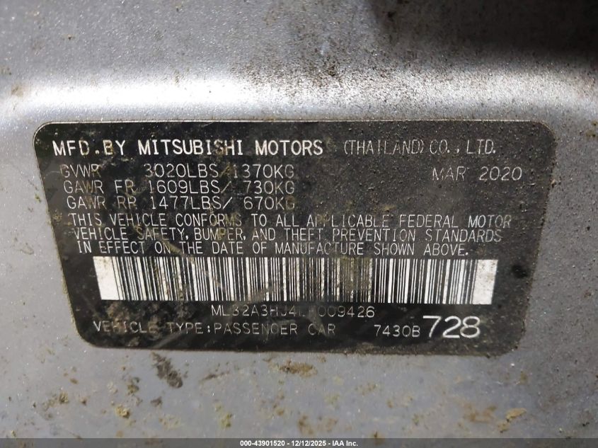 2020 Mitsubishi Mirage Es/Se VIN: ML32A3HJ4LH009426 Lot: 43901520