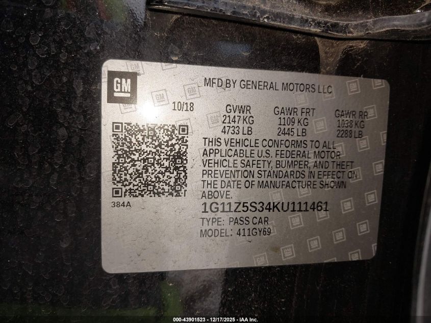2019 Chevrolet Impala Lt VIN: 1G11Z5S34KU111461 Lot: 43901523