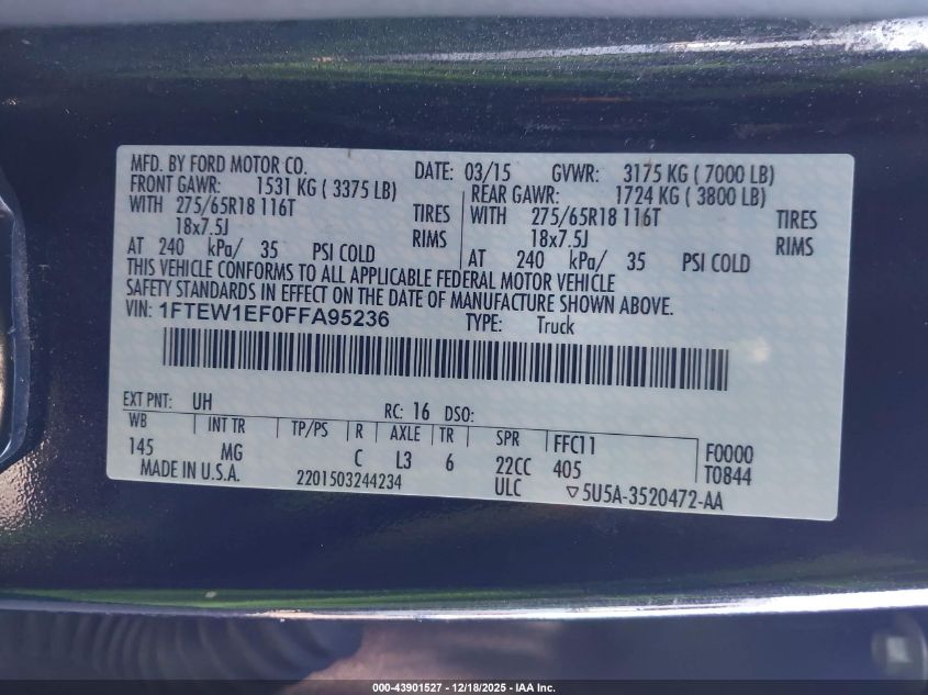 2015 Ford F-150 Xlt VIN: 1FTEW1EF0FFA95236 Lot: 43901527