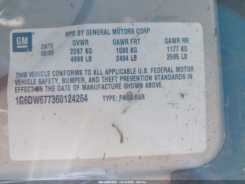 2006 Cadillac Sts V6 VIN: 1G6DW677360124264 Lot: 43901528