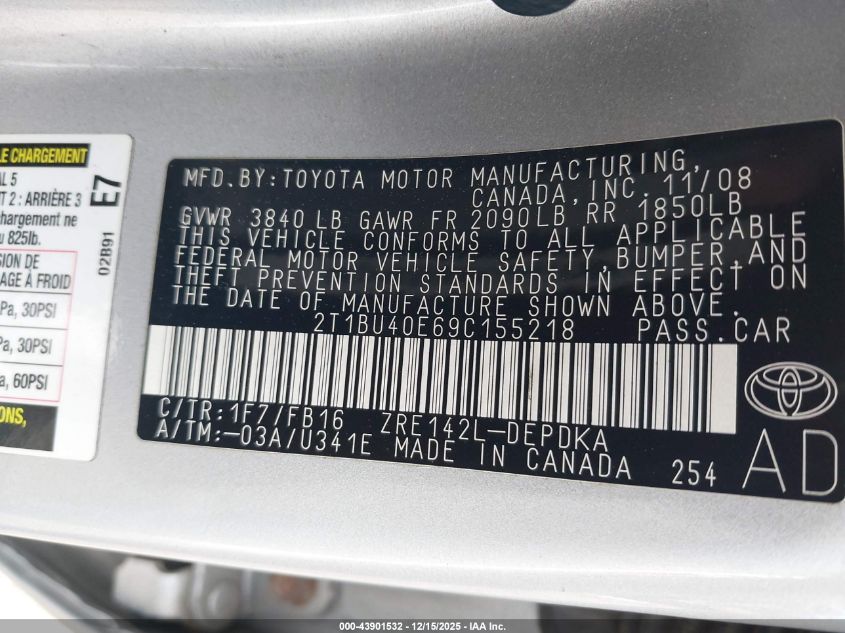 2009 Toyota Corolla Le VIN: 2T1BU40E69C155218 Lot: 43901532