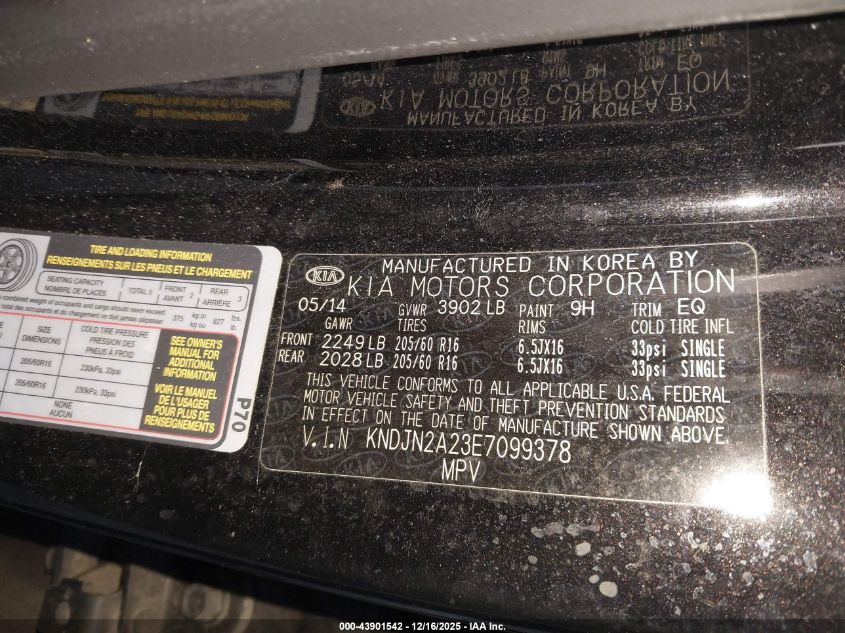 2014 Kia Soul VIN: KNDJN2A23E7099378 Lot: 43901542