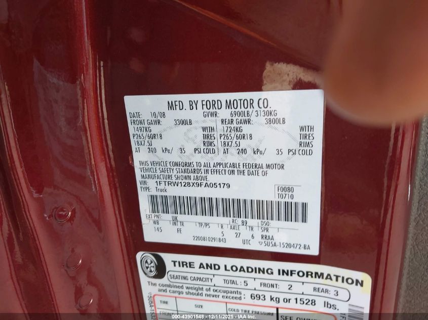 2009 Ford F-150 Xlt VIN: 1FTRW128X9FA05179 Lot: 43901548