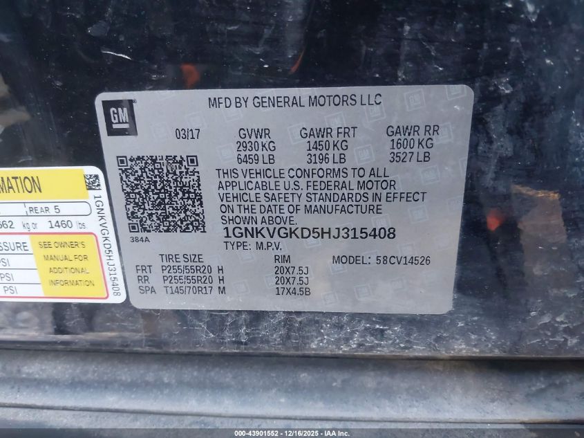 2017 Chevrolet Traverse 1Lt VIN: 1GNKVGKD5HJ315408 Lot: 43901552