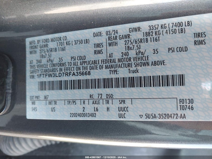 1FTFW3LD7RFA35668 2024 FORD F-150 photo no. 9