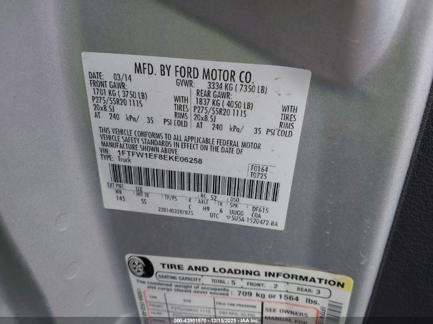 2014 Ford F-150 Stx VIN: 1FTFW1EF8EKE06258 Lot: 43901570