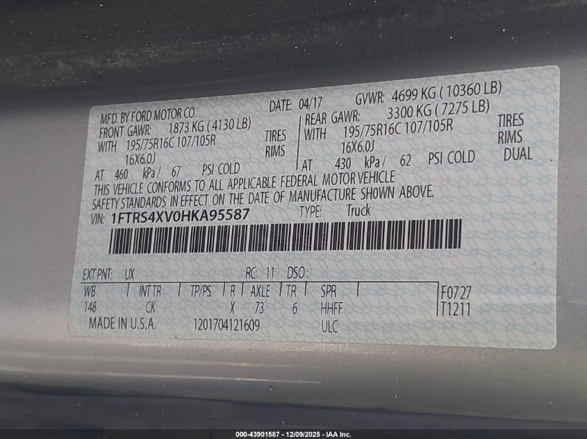 2017 Ford Transit-350 VIN: 1FTRS4XV0HKA95587 Lot: 43901587