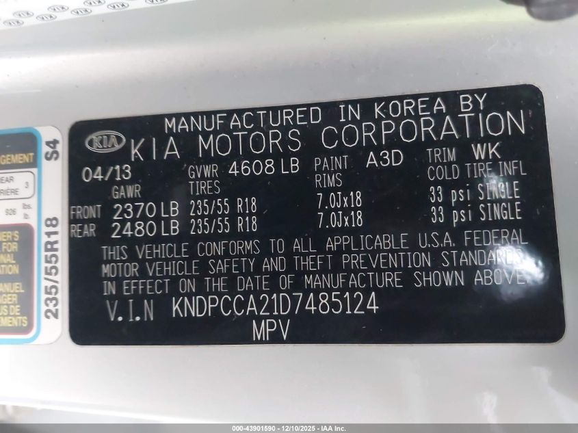 2013 Kia Sportage Ex VIN: KNDPCCA21D7485124 Lot: 43901590