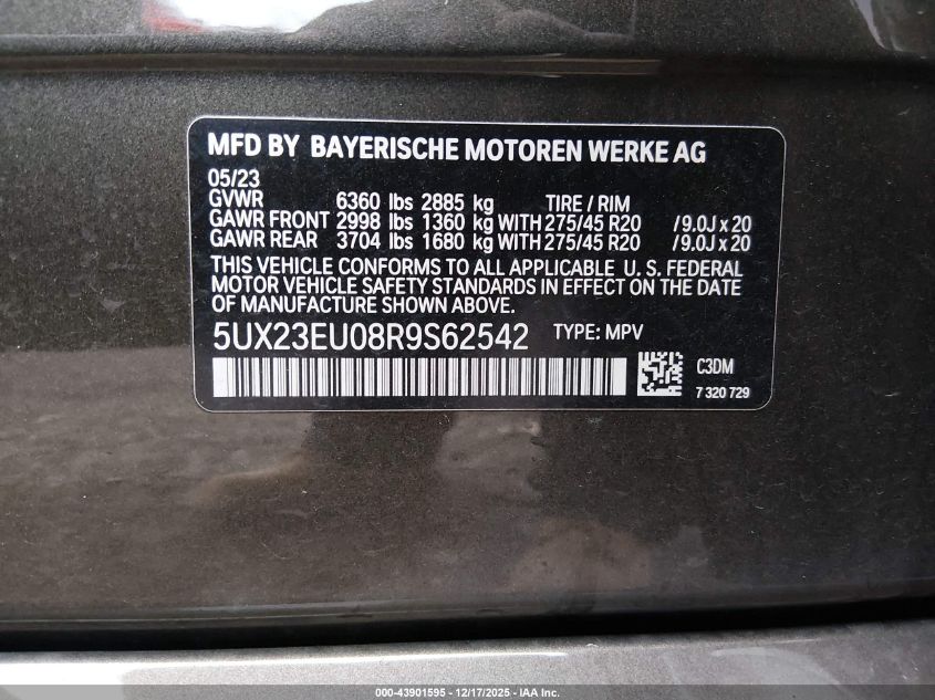2024 BMW X5 xDrive40I VIN: 5UX23EU08R9S62542 Lot: 43901595