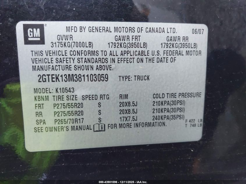 2008 GMC Sierra 1500 Slt VIN: 2GTEK13M381103059 Lot: 43901596