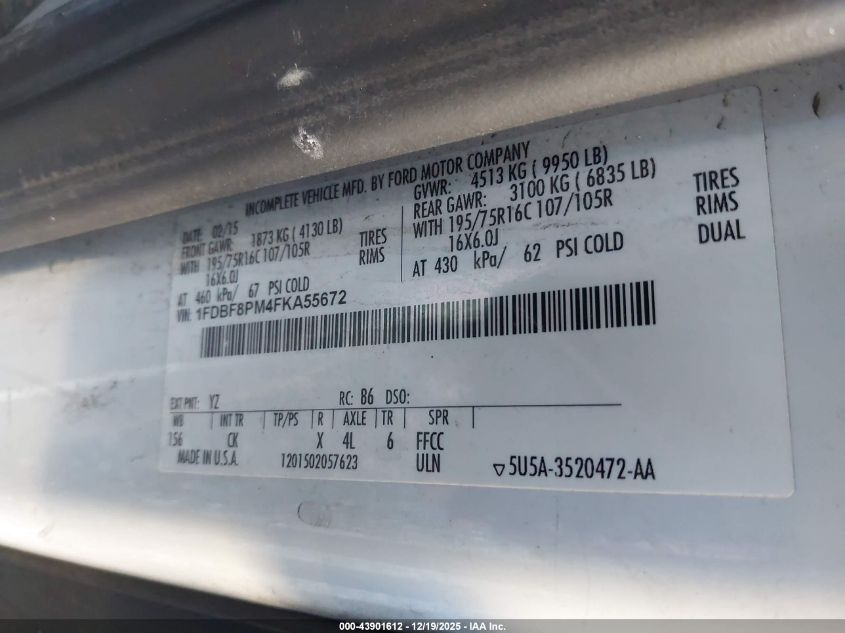 2015 Ford Transit-350 Cutaway VIN: 1FDBF8PM4FKA55672 Lot: 43901612