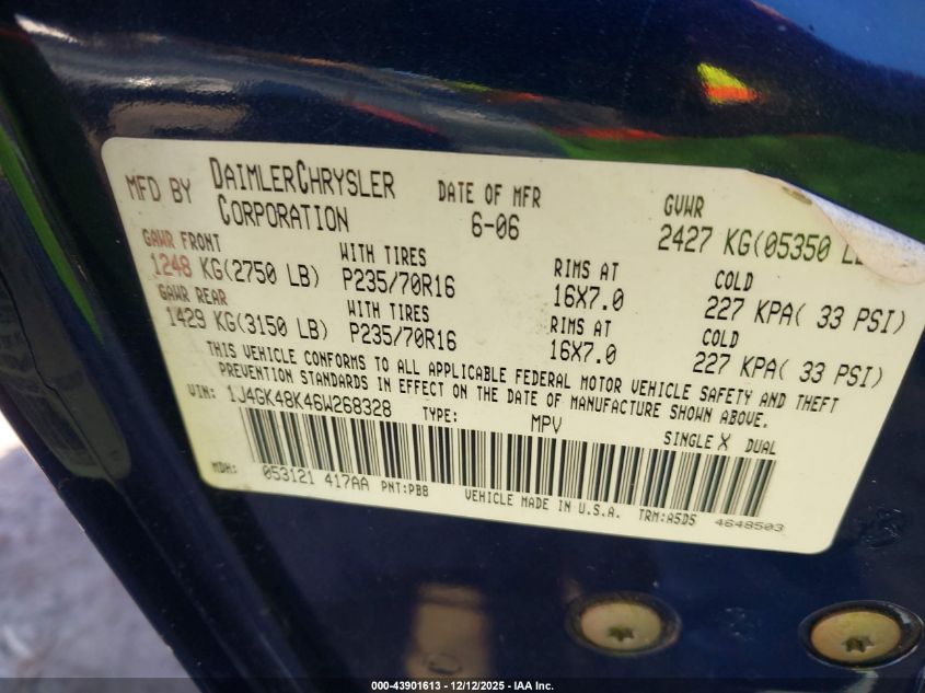 2006 Jeep Liberty Sport VIN: 1J4GK48K46W268328 Lot: 43901613