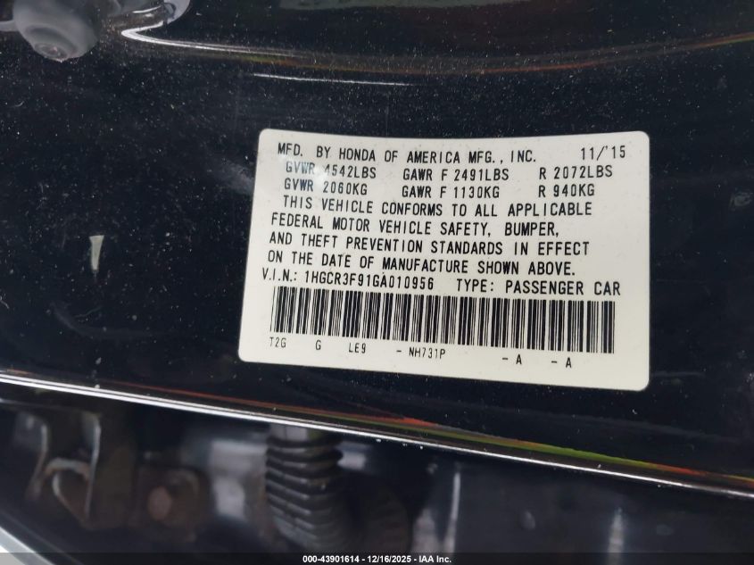 2016 Honda Accord Touring VIN: 1HGCR3F91GA010956 Lot: 43901614