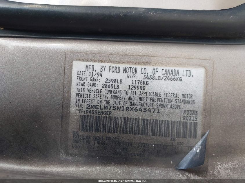 1994 Mercury Grand Marquis Ls VIN: 2MELM75W1RX645471 Lot: 43901615