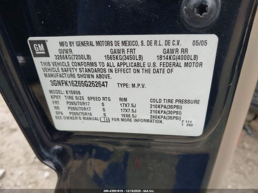 2005 Chevrolet Suburban 1500 Z71 VIN: 3GNFK16Z65G262647 Lot: 43901616