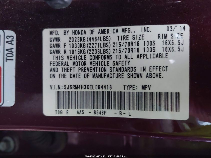 2014 Honda Cr-V Lx VIN: 5J6RM4H3XEL064418 Lot: 43901617