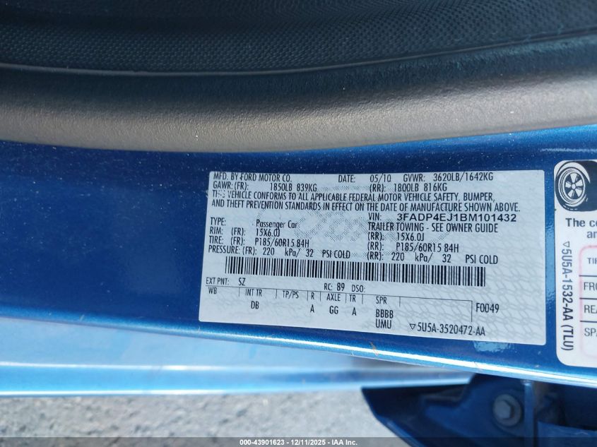 2011 Ford Fiesta Se VIN: 3FADP4EJ1BM101432 Lot: 43901623