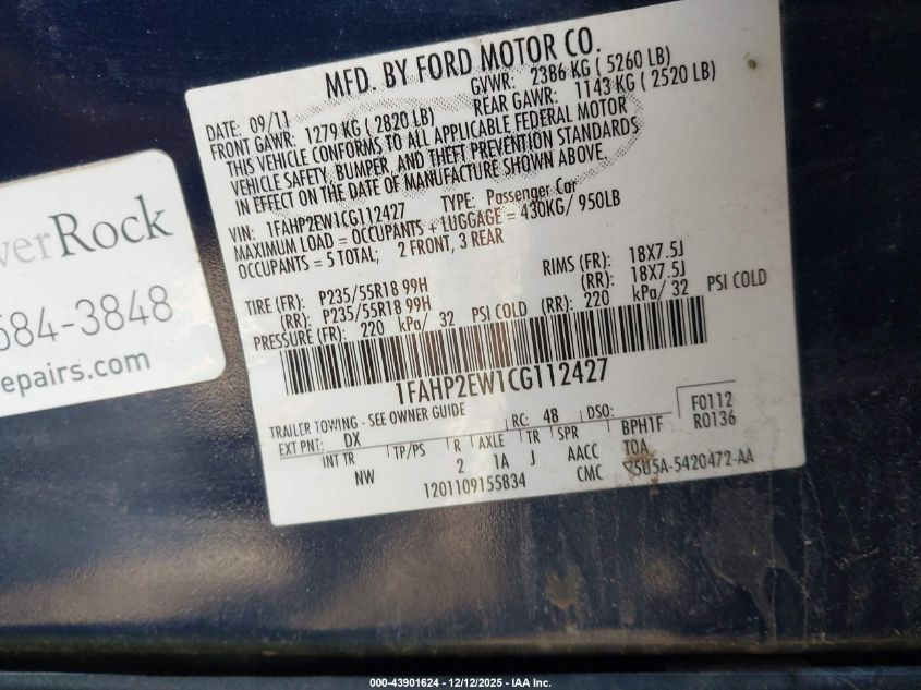 2012 Ford Taurus Sel VIN: 1FAHP2EW1CG112427 Lot: 43901624