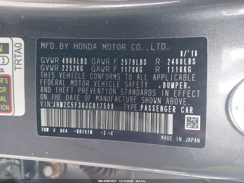 2018 Honda Clarity Plug-In Hybrid Touring VIN: JHMZC5F36JC017509 Lot: 43901633