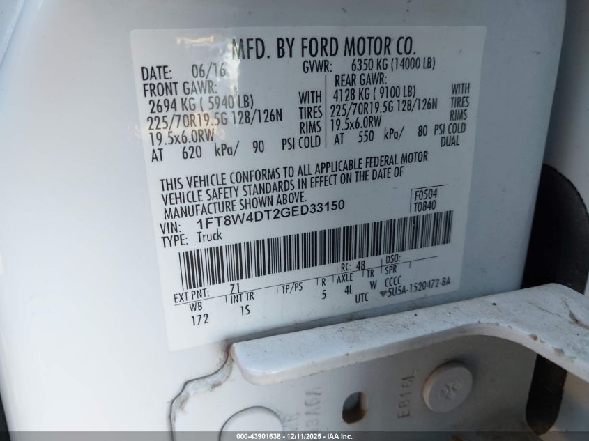 2016 Ford F-450 Xl VIN: 1FT8W4DT2GED33150 Lot: 43901638